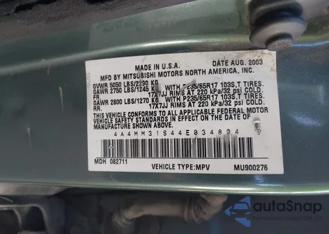 2004 Mitsubishi Endeavor Xls z USA, uszkodzony, nr VIN 4A4MM31S44E034824